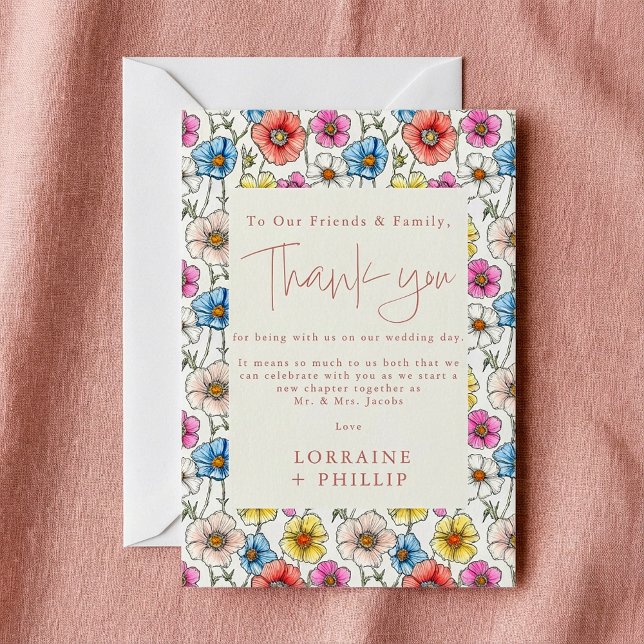 Summer colourful wild flowers pattern wedding thank you card (Summer colourful wild flowers pattern wedding thank you card.)