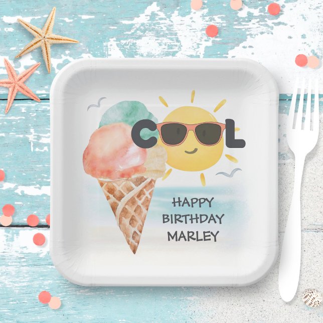 Summer Cool | Tropical Beach Ice Cream Birthday Paper Plates (Creator Uploaded)