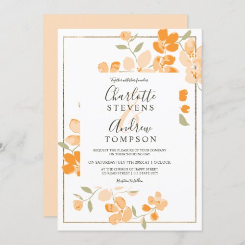 Summer coral orange gold floral watercolor wedding invitation