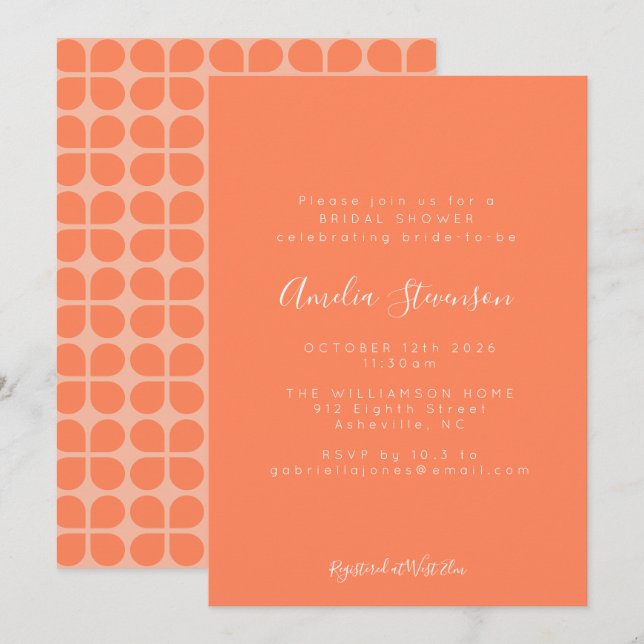 Summer Coral Orange Retro Minimalist Bridal Shower Invitation (Front/Back)