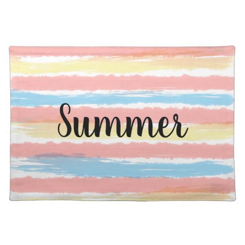 Summer Coral Pink Yellow Blue Watercolor Stripes Cloth Placemat