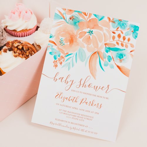 Summer coral teal floral watercolor baby shower invitation
