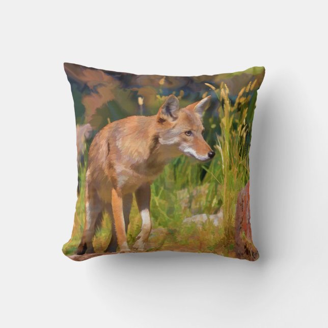Summer Coyote Wildlife Painting Throw Pillow (Front)