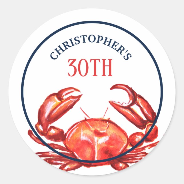 Summer Crab 30th Birthday Party Classic Round Sticker (Front)