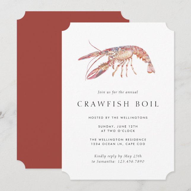 Summer Crawfish Boil Elegant Minimal Lobster Party Invitation (Front/Back)