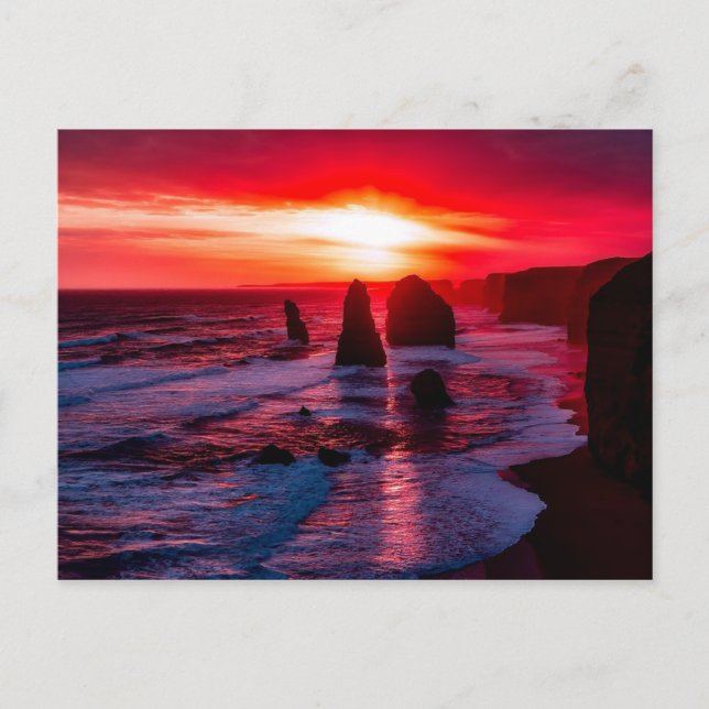 Summer Crimson Sunset Sky Vibrant Rocky Beach Postcard (Front)
