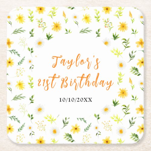 Summer Daisies Floral Birthday Square Paper Coaster
