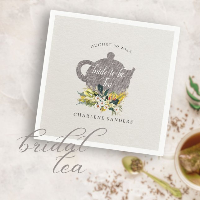 Summer Daisies Floral Floral Bridal Tea Napkins (Elegant taupe and sunny yellow  has simple daisy bouquet and teapot design.)
