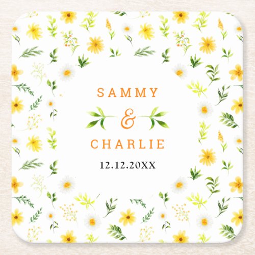 Summer Daisies Floral Wedding Square Paper Coaster