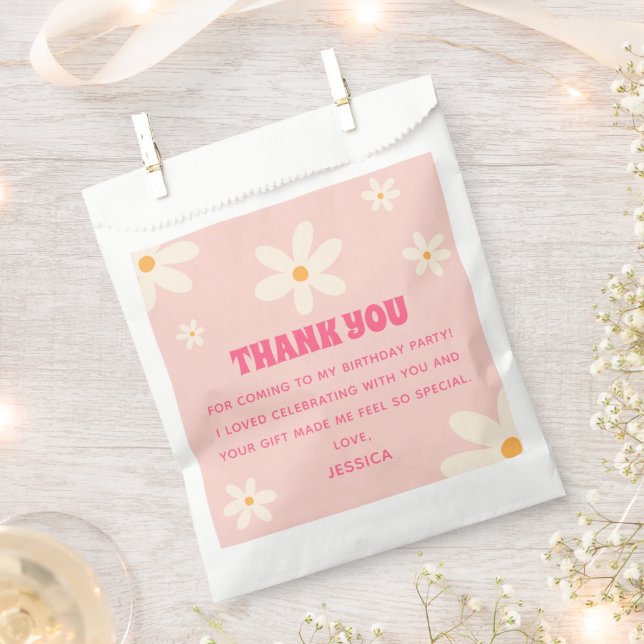 Summer Daisies Pink Kids' Birthday Thank You Favor Bag (Clipped)
