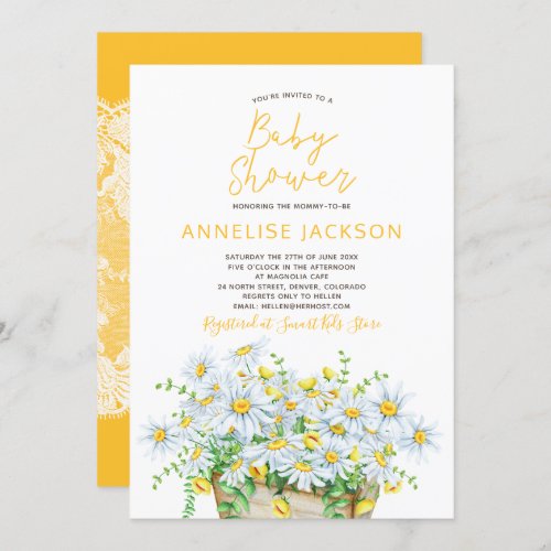 Summer daisies yellow and white lace baby shower invitation