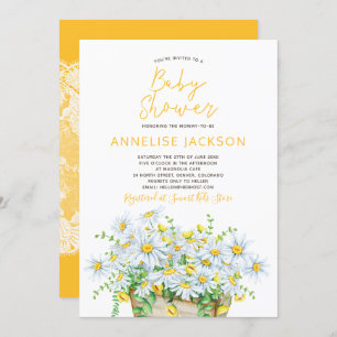 Summer daisies yellow and white lace baby shower invitation