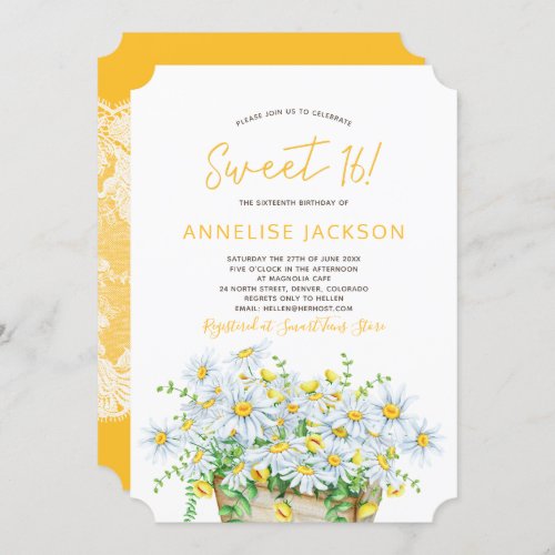 Summer daisies yellow and white lace sweet sixteen invitation