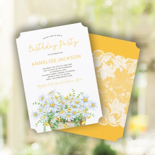 Summer daisies yellow white lace birthday party invitation