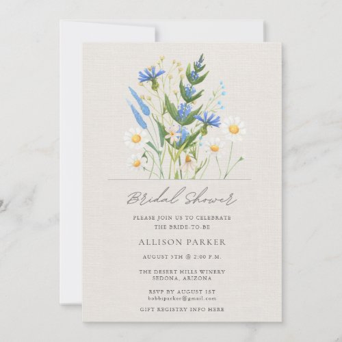 Summer Daisy Blue Wildflower Bridal Shower Invitation