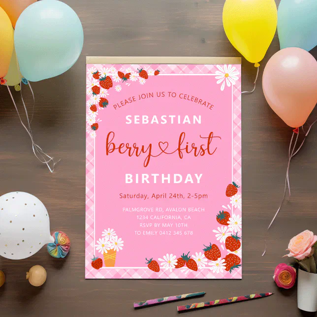 Summer Daisy & Strawberry Berry First Birthday Invitation | Zazzle