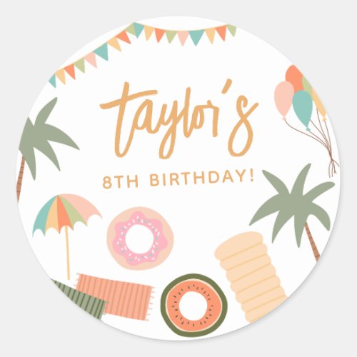 Summer Day Fun Girl Pool Birthday Party  Classic Round Sticker
