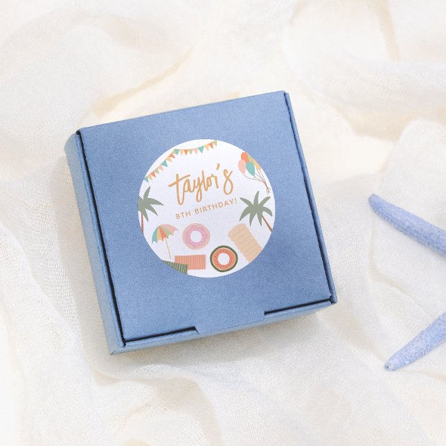 Summer Day Fun Girl Pool Birthday Party  Classic Round Sticker (Creator Uploaded)