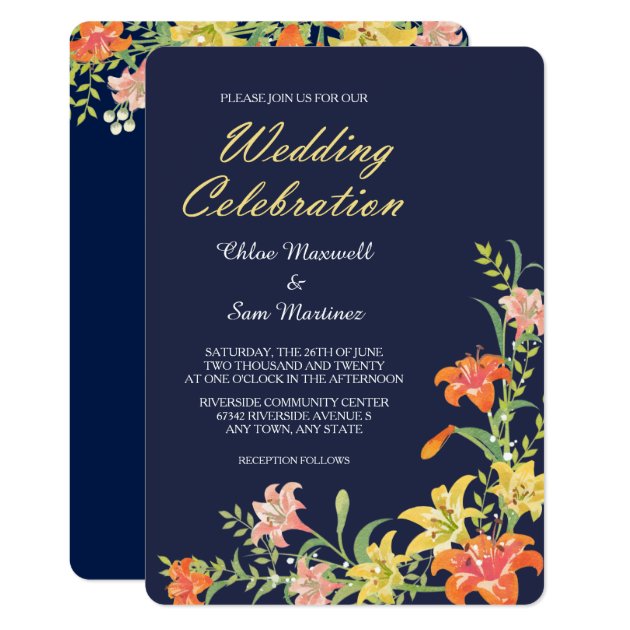 Summer Daylilies On Navy Blue Wedding Invitation