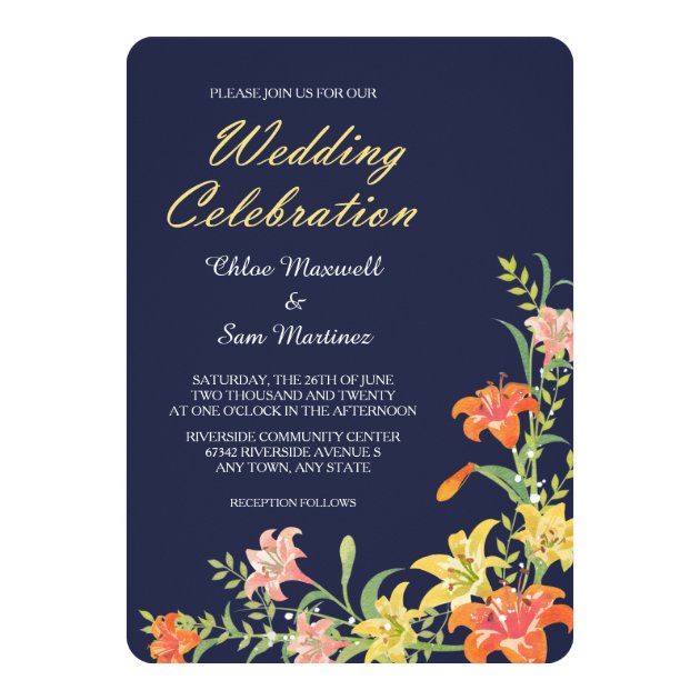 Summer Daylilies On Navy Blue Wedding Invitation