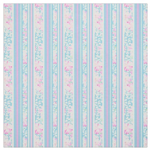 Summer Days Floral Stripes Pink Sky Blue White Fabric