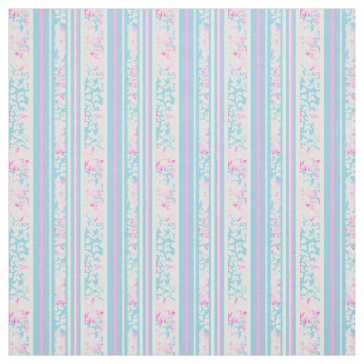 Summer Days Floral Stripes Pink Sky Blue White Fabric