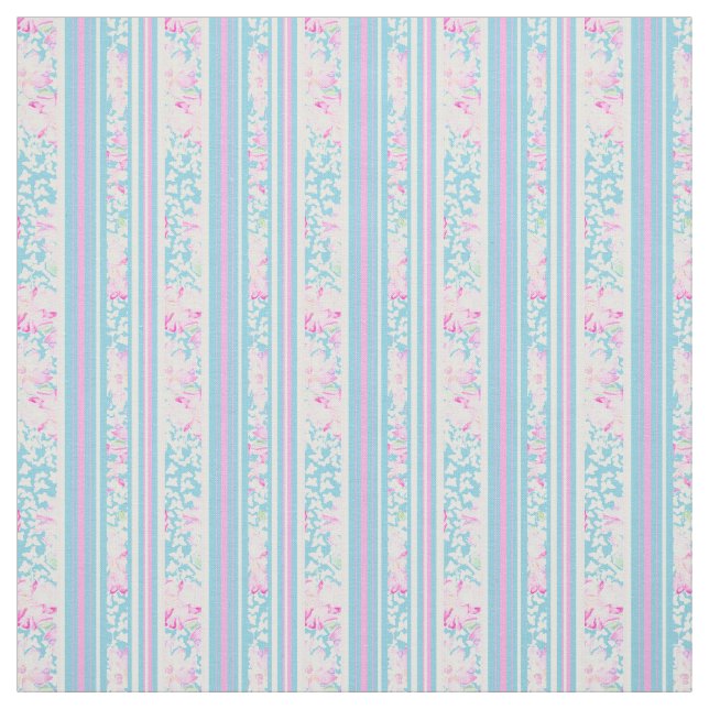 Summer Days Floral Stripes Pink Sky Blue White Fabric (Swatch)