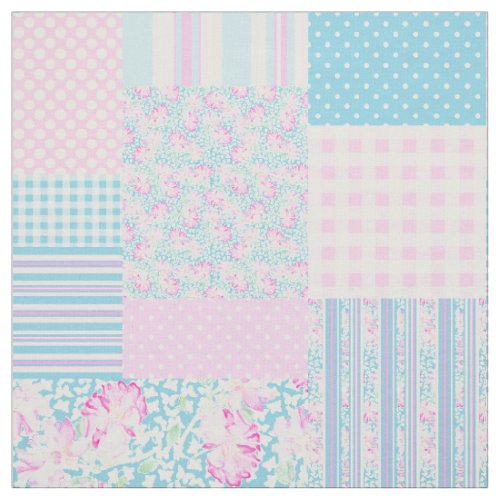 Summer Days Pink Roses Faux Patchwork Pattern Fabric