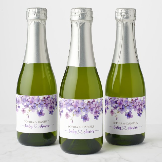 Summer Delicate Violet Flowers Baby Shower Sparkling Wine Label (Bottles)