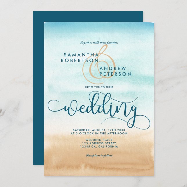Summer destination beach chic wedding script invitation (Front/Back)