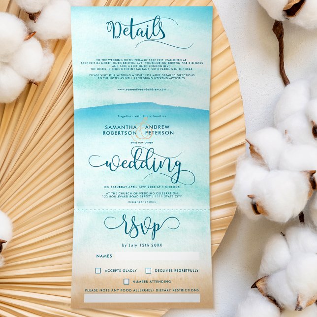 Summer destination beach chic wedding script  Tri- Tri-Fold Invitation (Creator Uploaded)