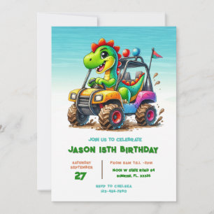 Summer Dino Pool Monster Truck Birthday Party Invitation