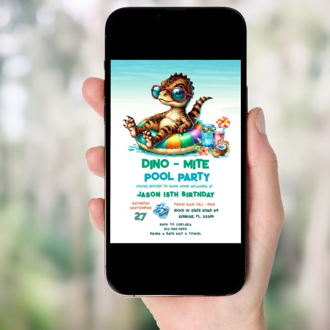  Summer Dino Pool Party Birthday Invitation (Front Digital)