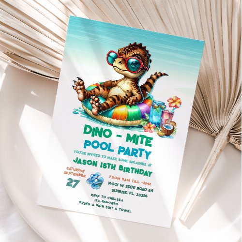  Summer Dino Pool Party Birthday Invitation
