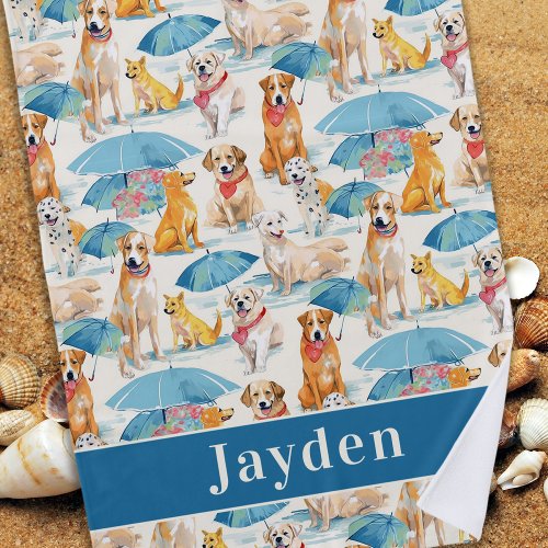 Summer Dogs Colorful Pattern Personalized  Beach Towel