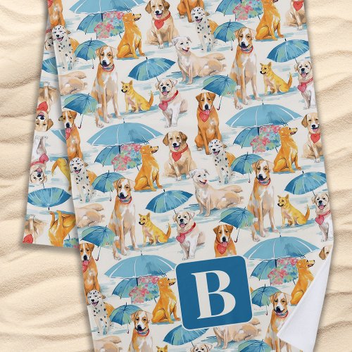 Summer Dogs Colorful Personalized Monogram Pattern Beach Towel