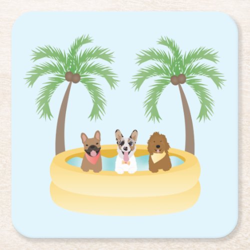Summer Dogs Swimming Pool Square Paper Coaster