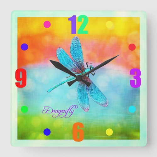 Summer Dragonfly Rainbow Bright Decorative Square Wall Clock