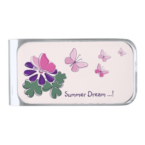 Summer Dream  Pink Butterfly Flutter Name Silver Finish Money Clip