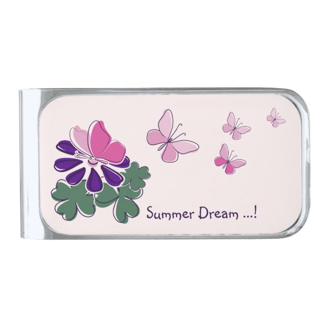 Summer Dream ...! Pink Butterfly Flutter Silver Finish Money Clip (Front)