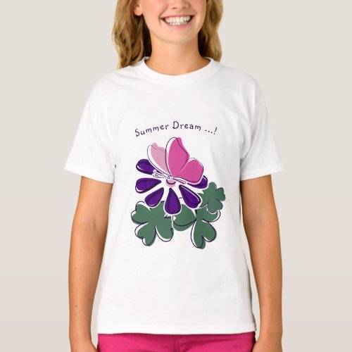 Summer Dream _ Pink Butterfly Purple Flower Doodle T_Shirt