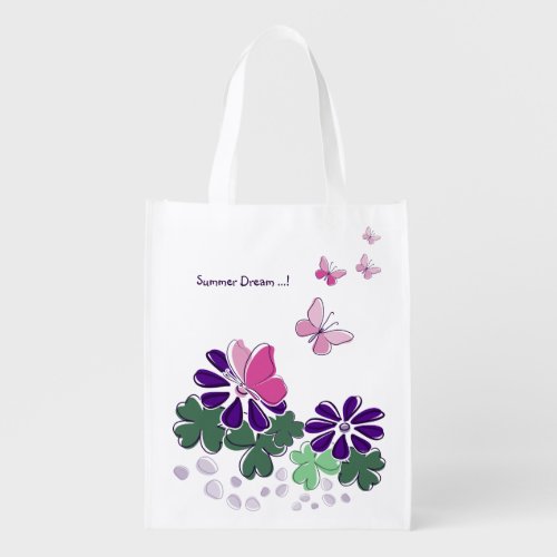 Summer Dream Pink Green Purple Flower Butterfly Grocery Bag