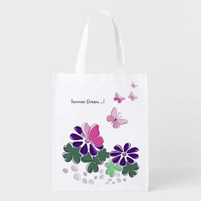 Summer Dream Pink Green Purple Flower Butterfly Grocery Bag (Front)