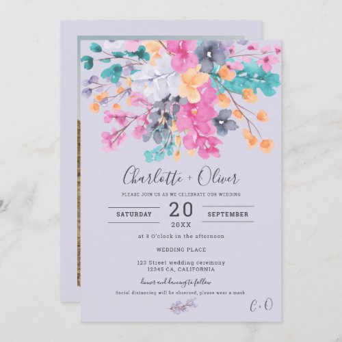 Summer dried wild floral watercolor photo wedding  invitation