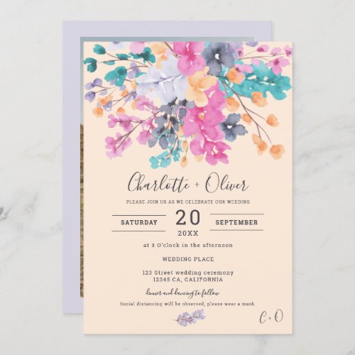 Summer dried wild floral watercolor photo wedding  invitation