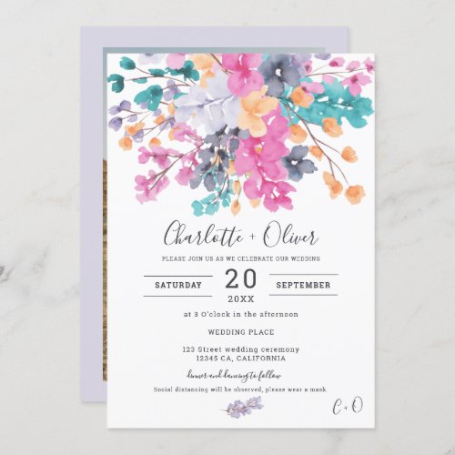 Summer dried wild floral watercolor photo wedding invitation
