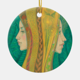 Summer Dryad Girls Forest Fantasy Art Green Yellow Ceramic Ornament