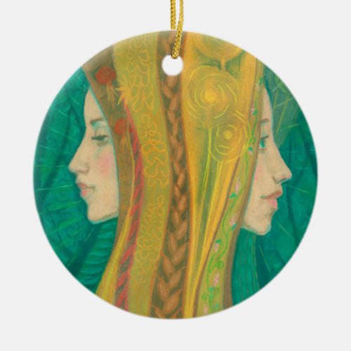 Summer Dryad Girls Forest Fantasy Art Green Yellow Ceramic Ornament