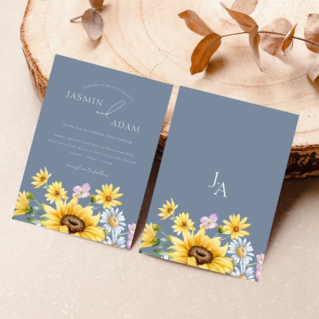 Summer Dusty Blue Sunflowers Monogram Wedding Invitation (Summer Dusty Blue Sunflowers Monogram Wedding Invitation)