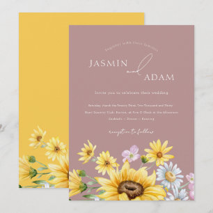 Summer Dusty Pink Yellow Sunflowers Floral Wedding Invitation